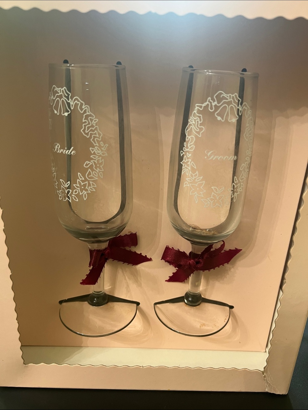 Source Unknown Bride Groom Champagne Flutes with Burgundy Ribbon